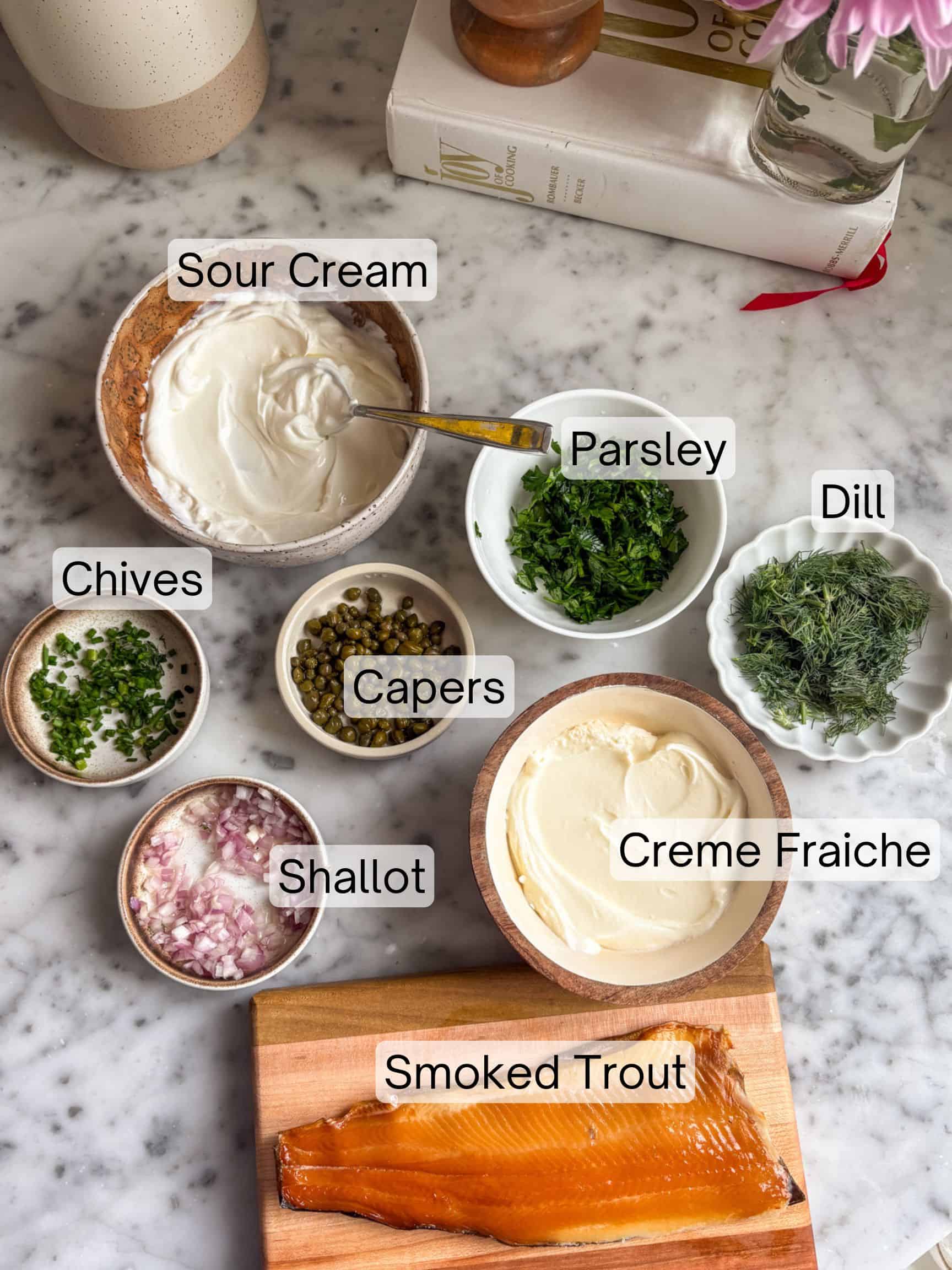 Ingredients laid out to make smoked trout dip.