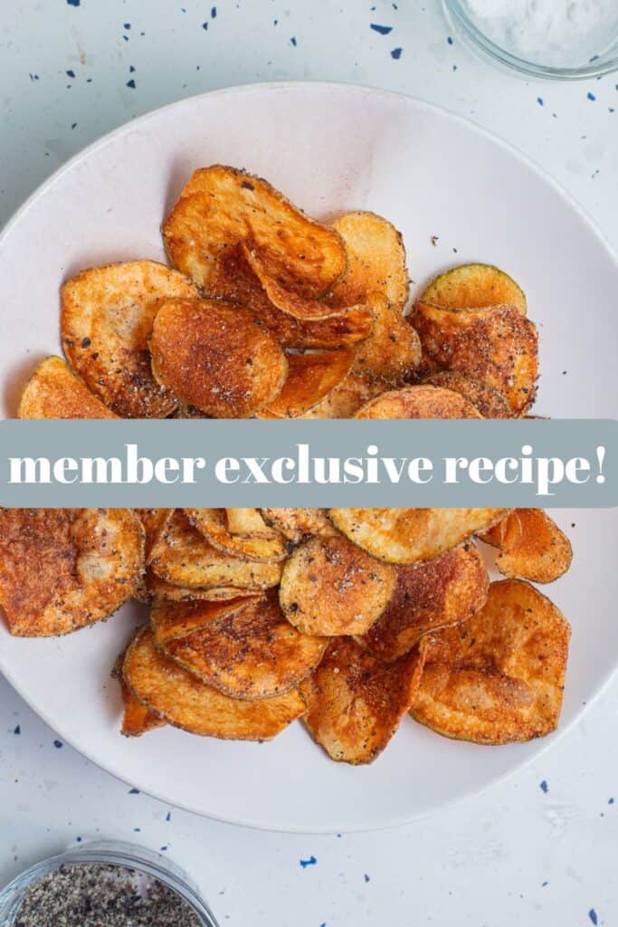 a bowl of homemade potato chips with text overlaid.