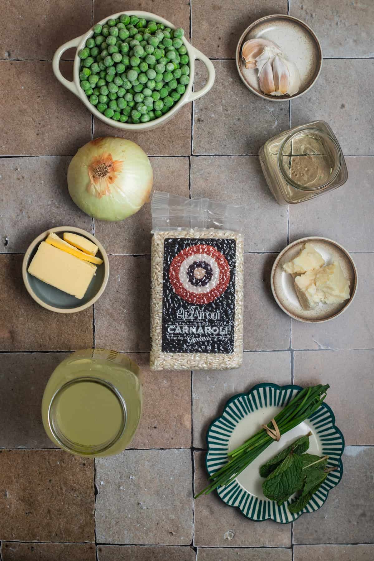 Ingredients laid out to make a pea risotto.