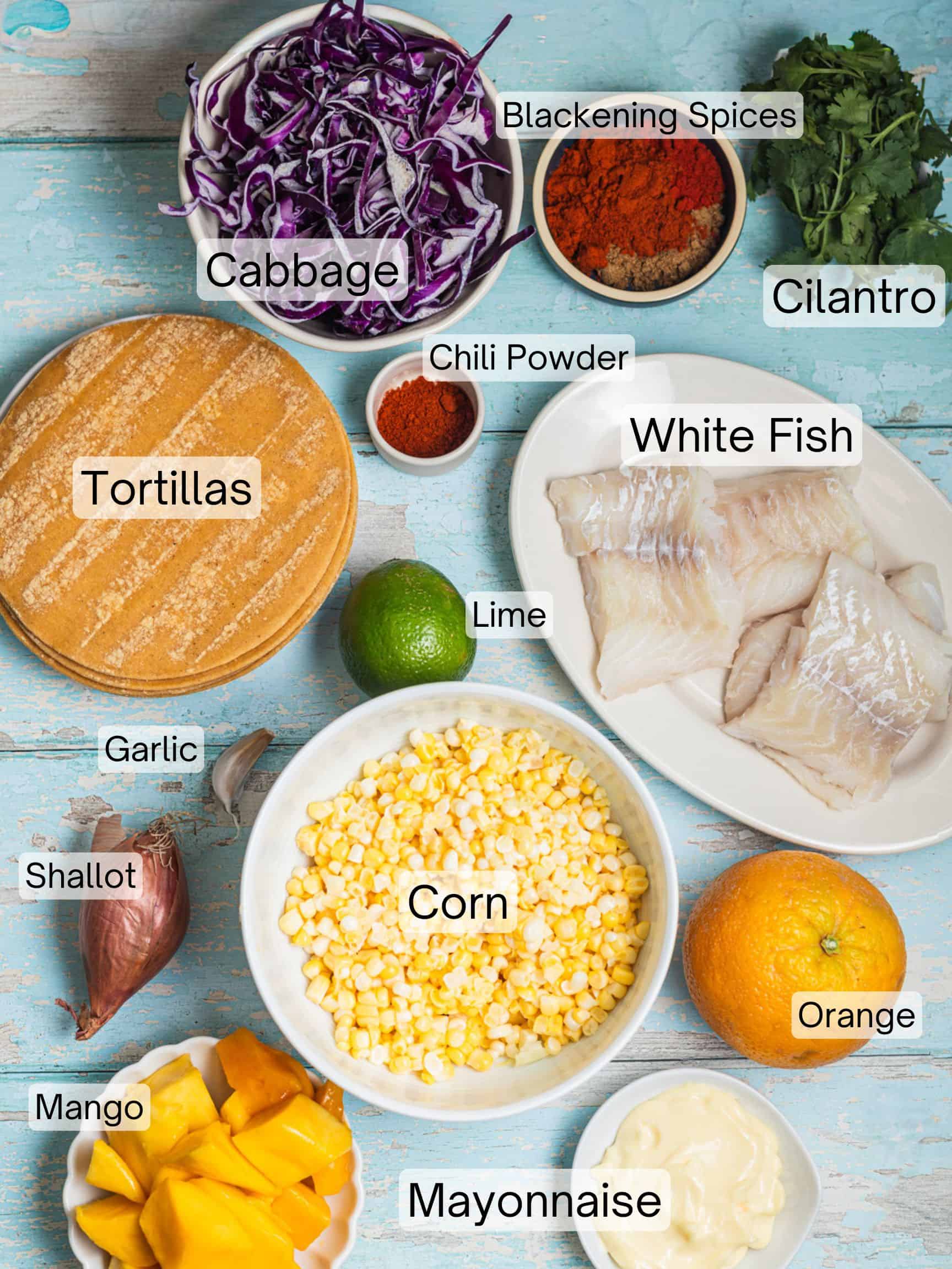 Ingredients laid out to make blackened fish tacos.